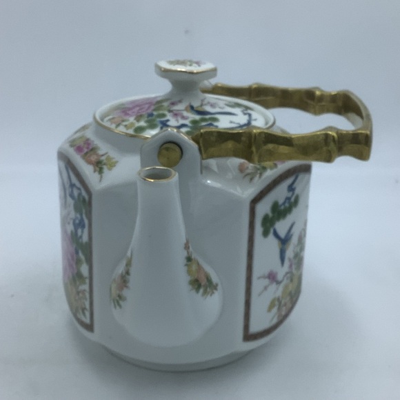 Homco Japan Asian Floral Six Sided Ceramic  Tea Pot with Metal Handle - Picture 4 of 9